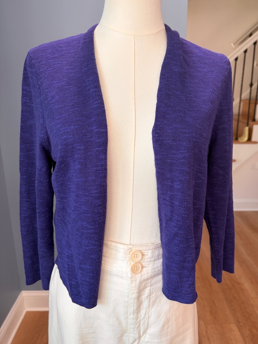 Eileen Fisher Petite Purple Open Front Linen Cardigan Sweater PS